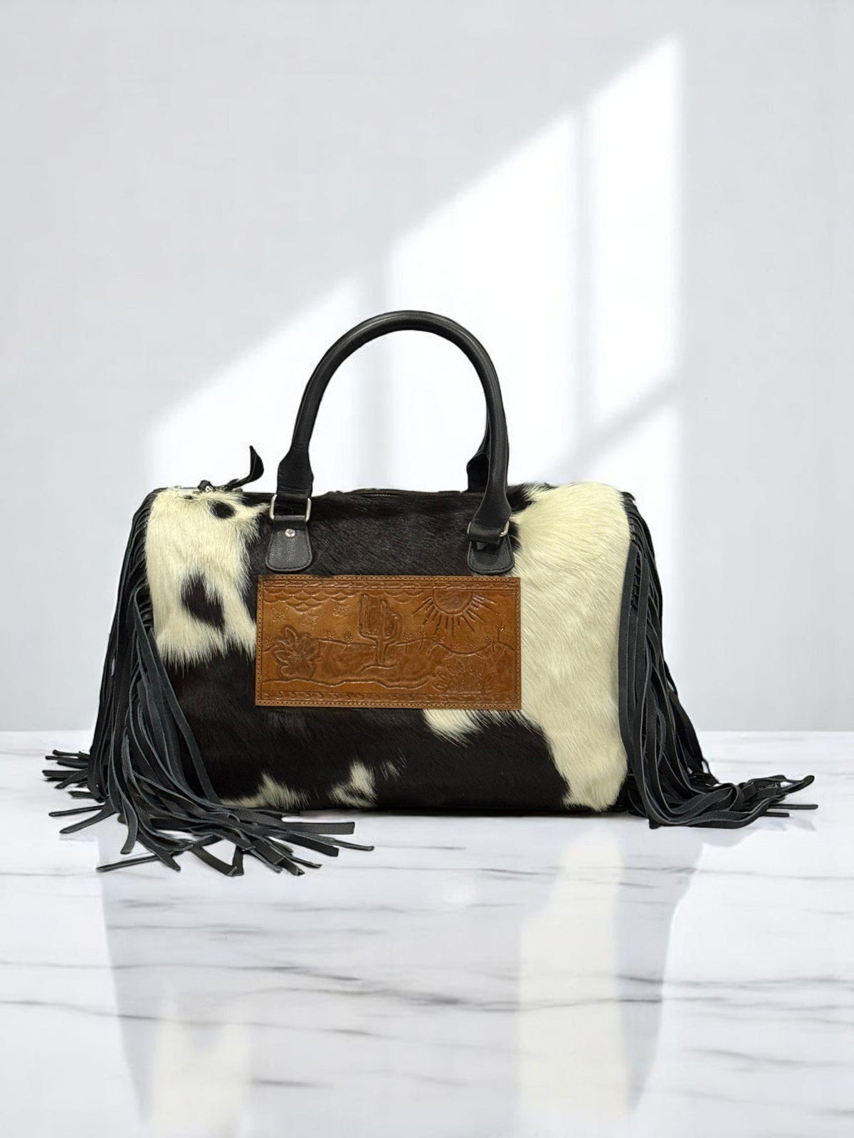 Handcrafted Original Cowhide Leather Mini Duffel Bag with Fringe Detailing
