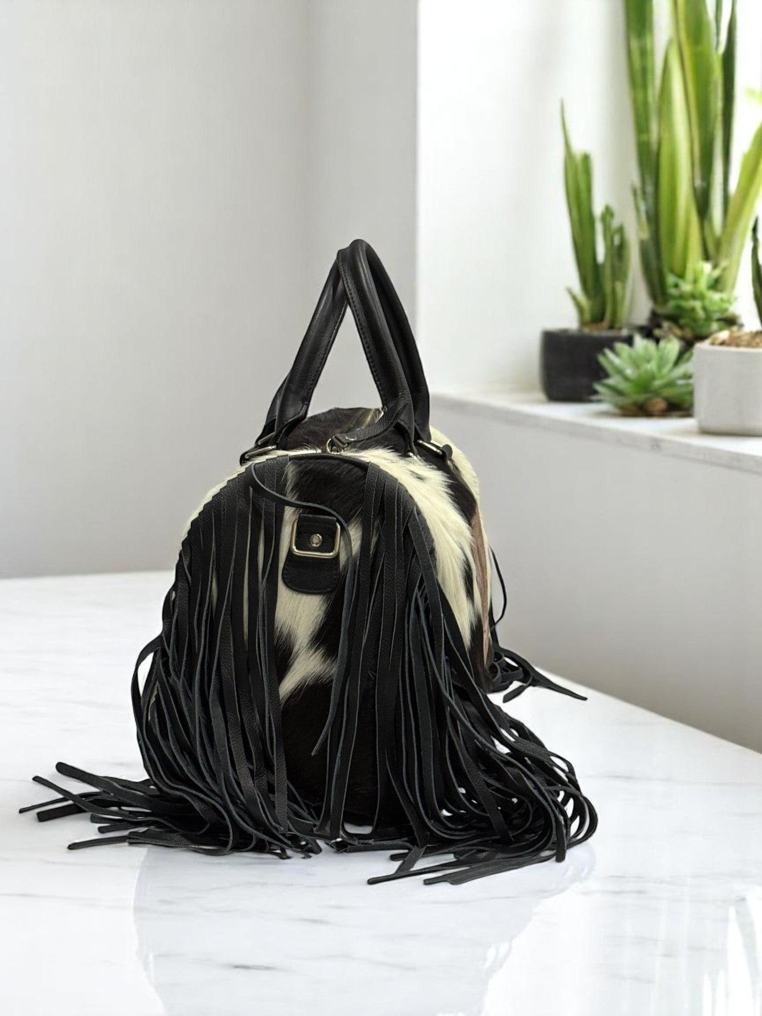 Handcrafted Original Cowhide Leather Mini Duffel Bag with Fringe Detailing