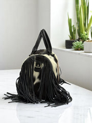 Handcrafted Original Cowhide Leather Mini Duffel Bag with Fringe Detailing