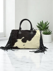 Handcrafted Original Cowhide Leather Mini Duffel Bag with Fringe Detailing